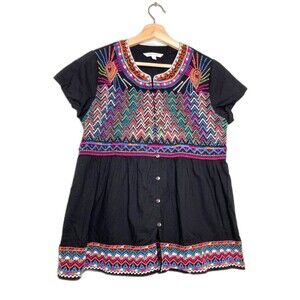 Orvis Tribal Embroidered Blouse  Button Front Shirt Black Women's Size S